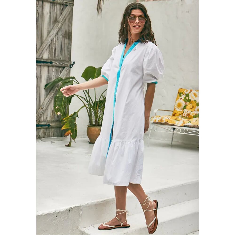 Addison Bay Tuckernuck Isle Puff Sleeves Button Down Midi Collared Shirt Dress